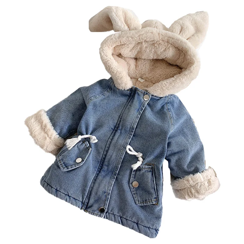 Fashion Autumn Spring Winter Coat Baby Girls Kids Children\'s Warm Plus Velvet Thicken Hooded Top Princess Blue High Quality