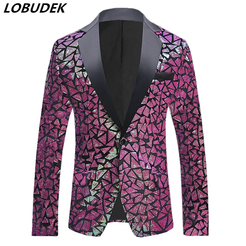 Men's Singer Host Glitter Sequins Suit Jacket Pink Purple Blue Gold Lace Velvet Formal Slim Fit Coat Wedding Party Blazer Tuxedo