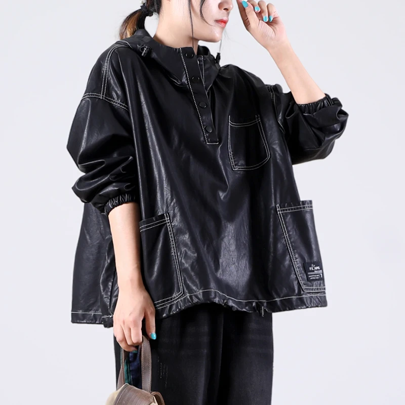 Female new autumn Korean style plus size literary four-button hooded pullover loose PU leather jacket