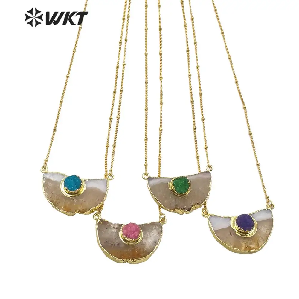 

WT-N1210 New exclusive design multi color fashion gold double loops crescent horn pendants yellow quartz druzy stone pendant