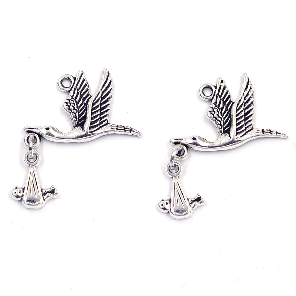 10Pcs Pendants Flying Stork Bird With Dangling Baby Silver Tone Jewelry DIY Findings Charms 17mm