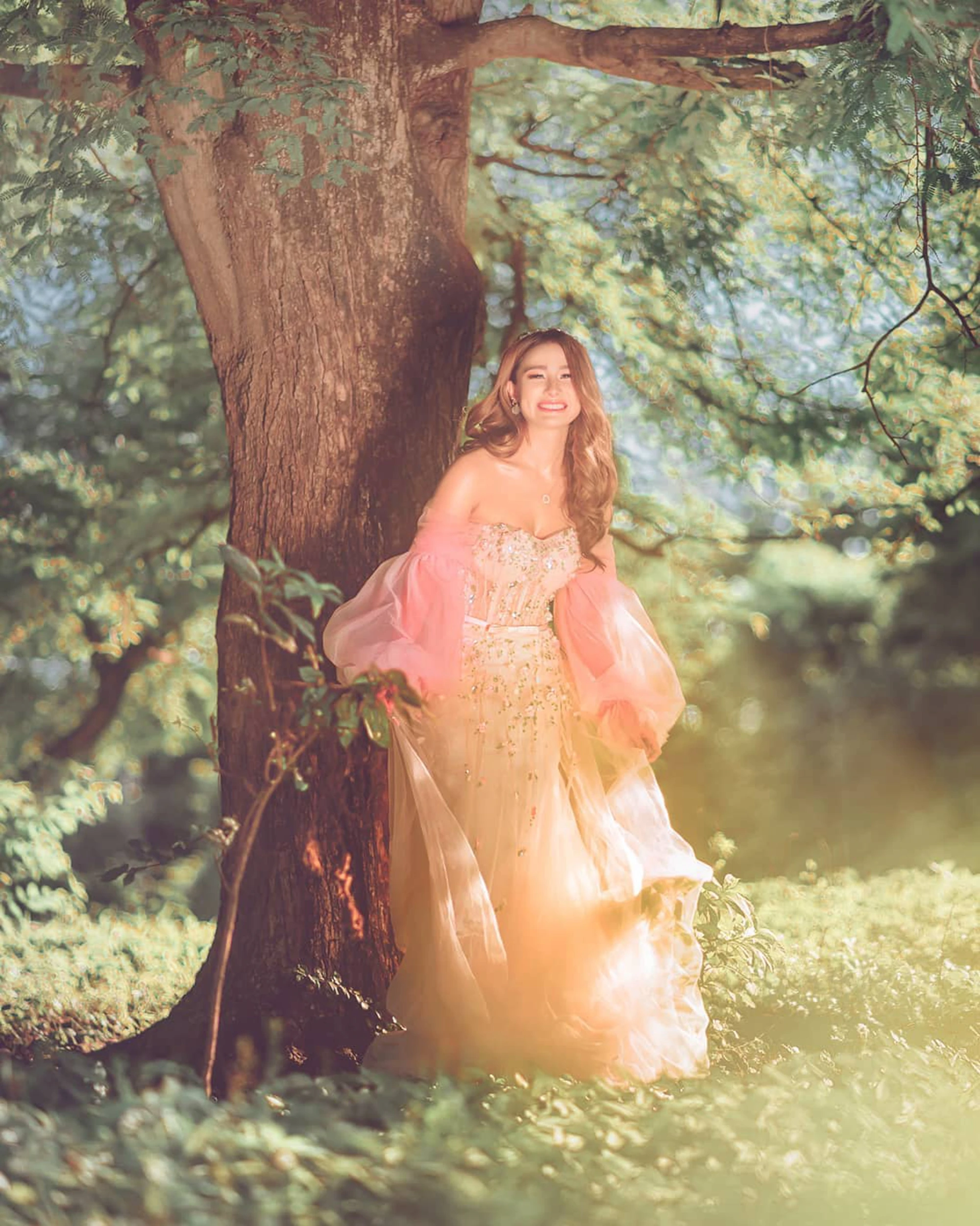 Abiti da sera a maniche lunghe a bolle con spalle scoperte rosa abito in Tulle a trapezio a strati abito floreale abito elegante con paillettes per servizio fotografico