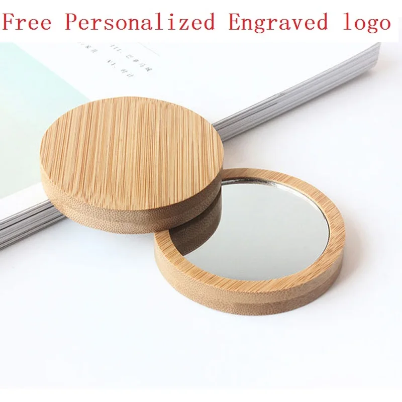 

100Pcs Bamboo Cosmetic Mirror Round Portable Mirror Elm makeup mirror Student Portable Make up Small Princess Mirror Your Logo