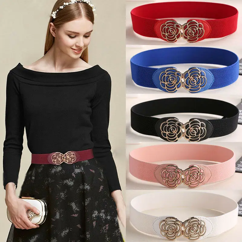 

Women Fashion Flower Elastic Stretchy Dress Narrow Waist Belts Band Rose Luxury Elastic Buckle Wide Waist Belt Cummerbunds