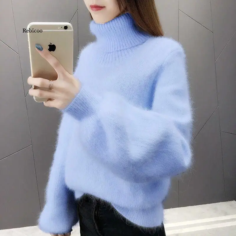 Oversized Cropped Sweater Turtleneck Women Winter Clothes Knitted Fluffy Woman Sweaters Korean Pullover Vintage Jumper Pink