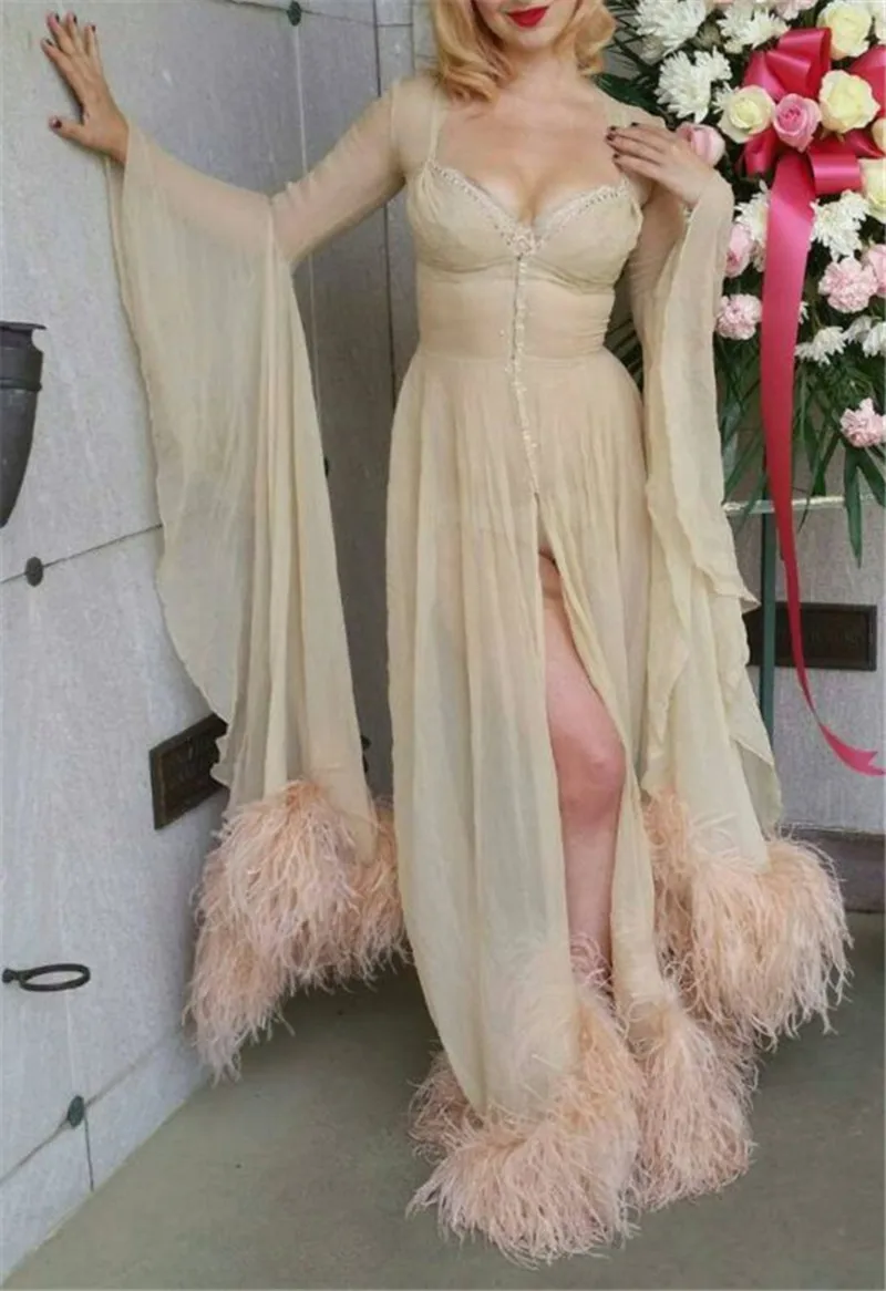 Women's Fur Robe Custom Made Soft Ruffled Long Sleeves High Side Split Pajamas Dresses Maternity Party Gowns Sleepwear Bathrobes