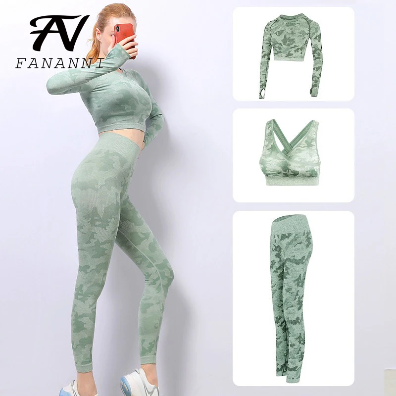 

FANANNI Camouflage Yoga Suit 2021 New High Elasticity Slim And Quick-Drying Fitness Bra Three-Piece Set