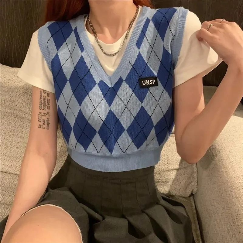 New V-neck Argyle Pullover Cropped Sweater Vest Harajuku Sleeveless Streetwear Knitted Sweater Korean Simple Loose Vest Sweater