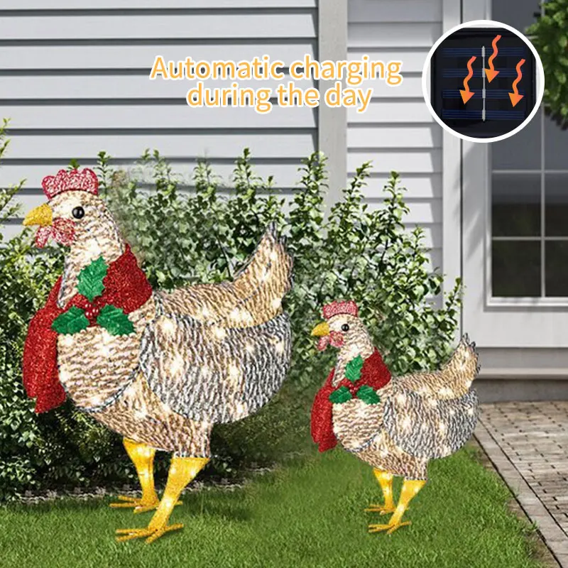 3D Stereo Lighted Chicken with Scarf Courtyard Christmas Led Solar Night Lights Garden Decoration Light-Up Chicken Lantern Lamps