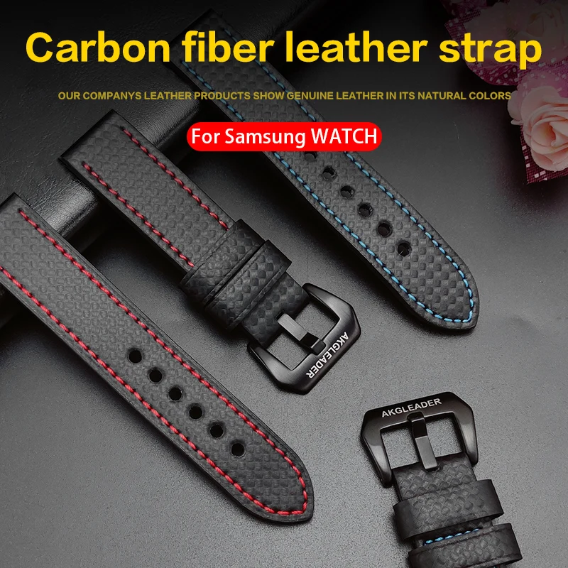 AKGLEADER Carbon fiber cow leather band for Samsung Galaxy Watch 3/4 42mm 44mm 41mm 45mm Gear S3 22mm watch strap 20mm wristband