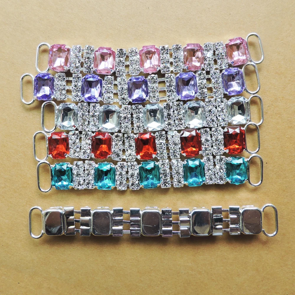 LKERAN 2Pc 10X80mm 5 Rectangles Acrylic Rhinestone Bikini Connectors/ Buckles Crystal Metal Chain Buckle for Swimwear Decoration