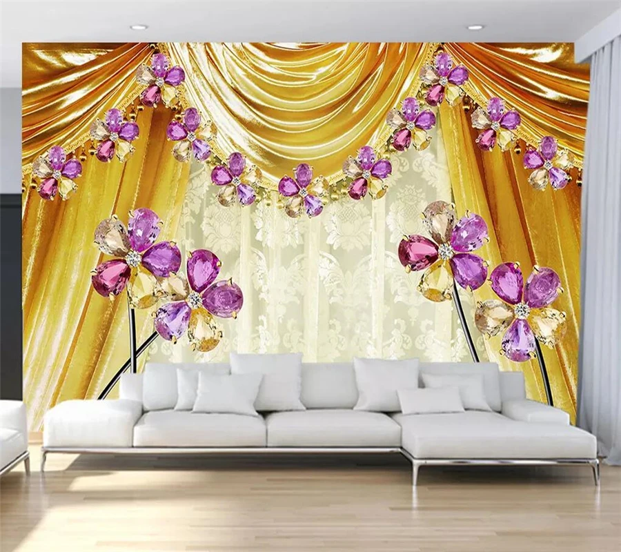 mural papel de parede para quarto Custom wallpaper Noble European Curtains Jewelry Crystal Flower TV Background Wall 3d