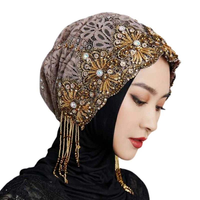 

Muslim Turban Inclusive Cap Glitter Knitted Hat for Women Beaded Lace Headwear Stretchy Cancer Chemo Cap for Hair Lose