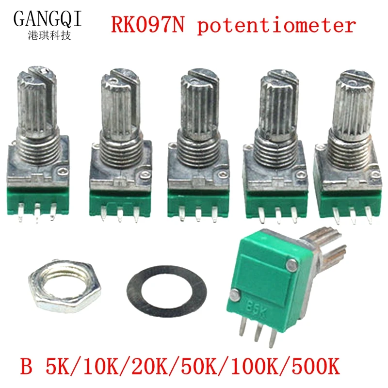 5Pcs Potentiometers Industrial Switches RK097 RK097N 3Pin B1K 5K 10K 20K 50K 100K 500K Switch Audio Shaft 15mm Amplifier Sealing