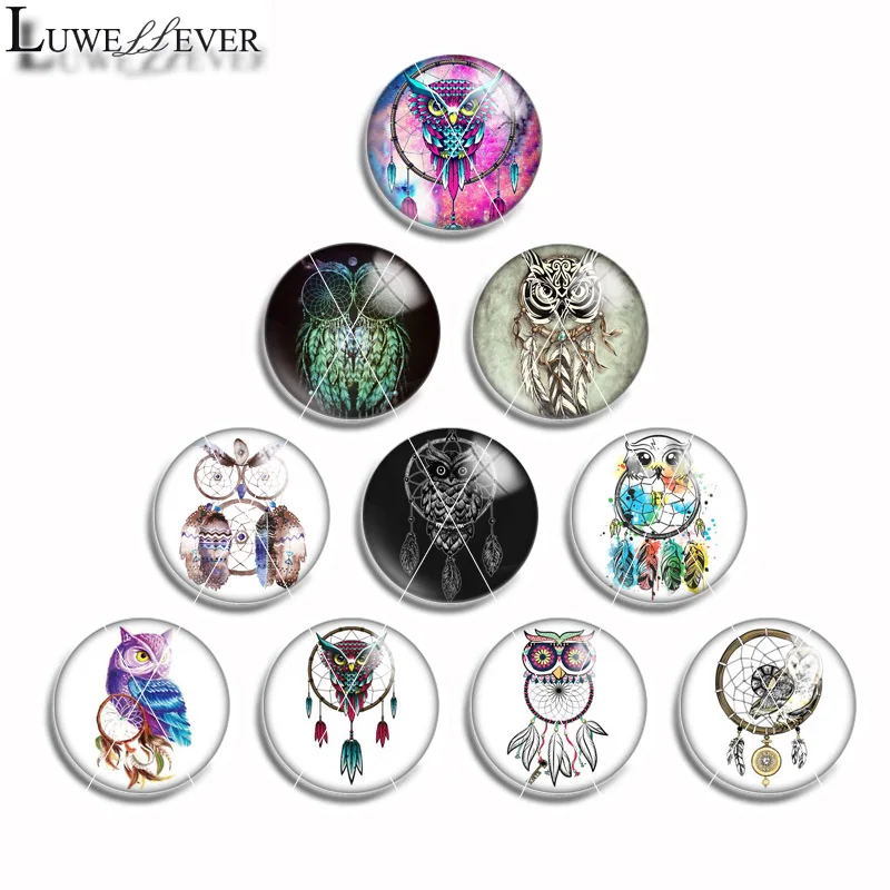 10mm 12mm 14mm 16mm 20mm 25mm 471 Owl Dreamcatcher Mix Round Glass Cabochon Jewelry Finding 18mm Snap Button Charm Bracelet