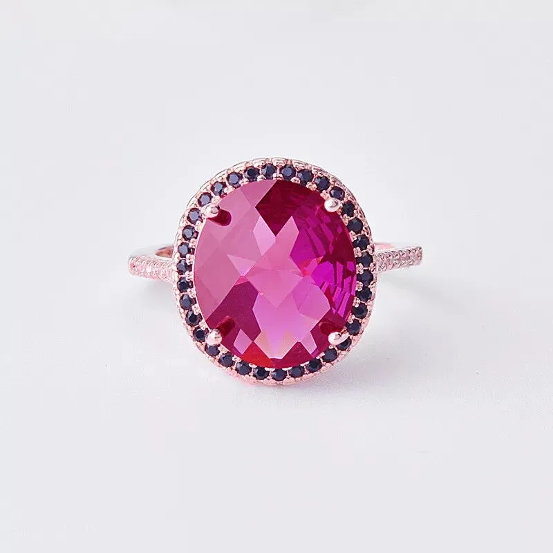 Big Oval Wine Red Crystal Zircon Rings for Women Vintage Fashion Rose Gold Filled Black Stone Engagement Ring Mother Gift