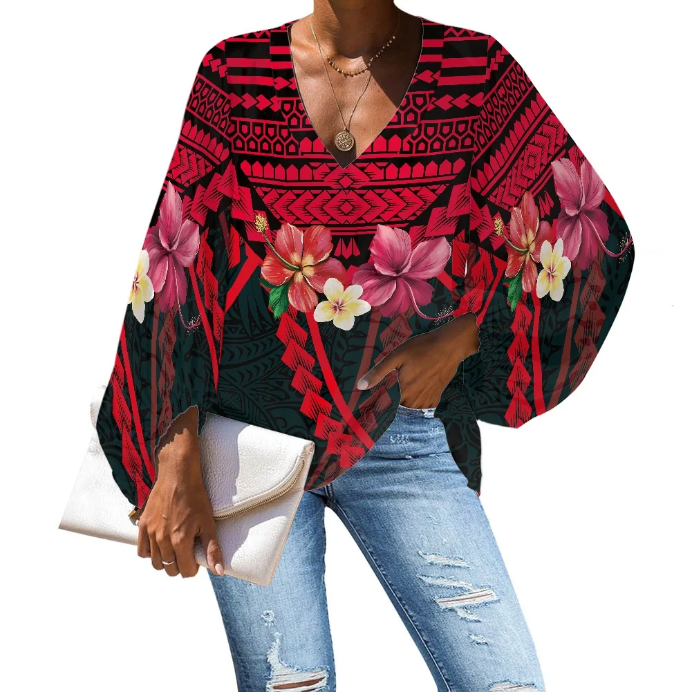 V-Neck Long Sleeve Chiffon Top Shirt Polynesia Tribes Vintage Pattern Hibiscus Printing Shirt Women Summer Clothing Casual Styl