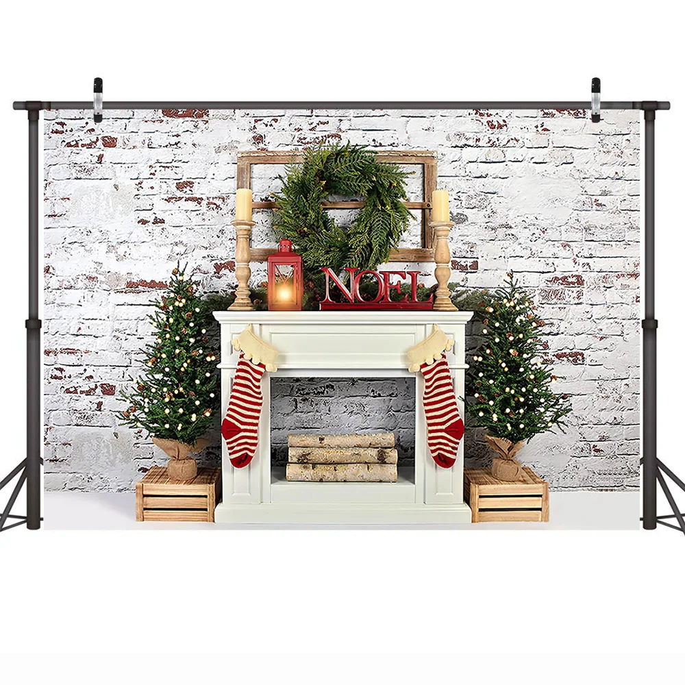عيد الميلاد التصوير خلفية الشتاء Onederland حفلة عيد ميلاد خلفية الموقد الرجعية الطوب جدار المصباح جورب شجرة عيد الميلاد