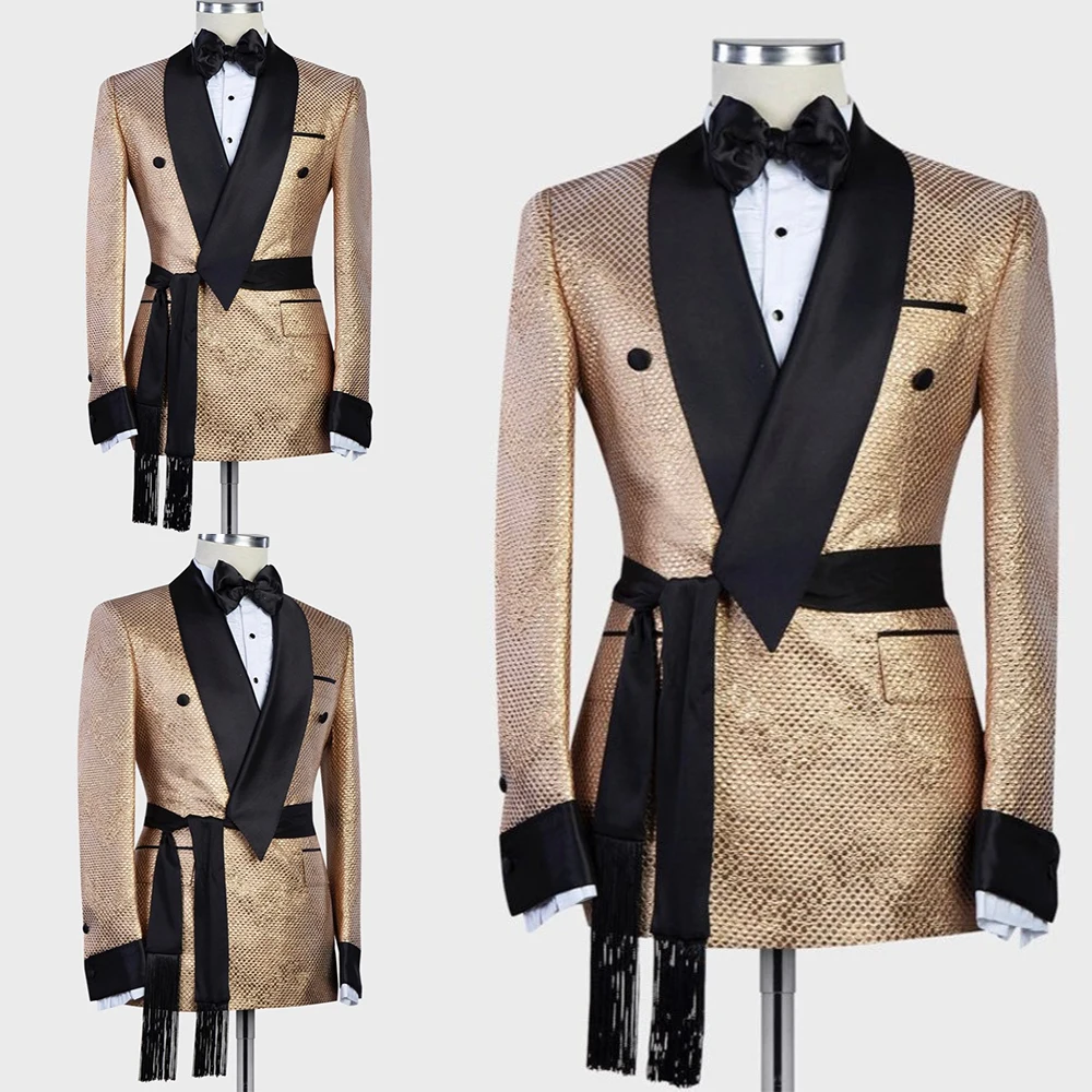 

Arabic Luxury Gold Mens Wedding Tuxedos with Belt Custom Made Single Jacket Groom Groomsmen Suit Mens Formal Wear