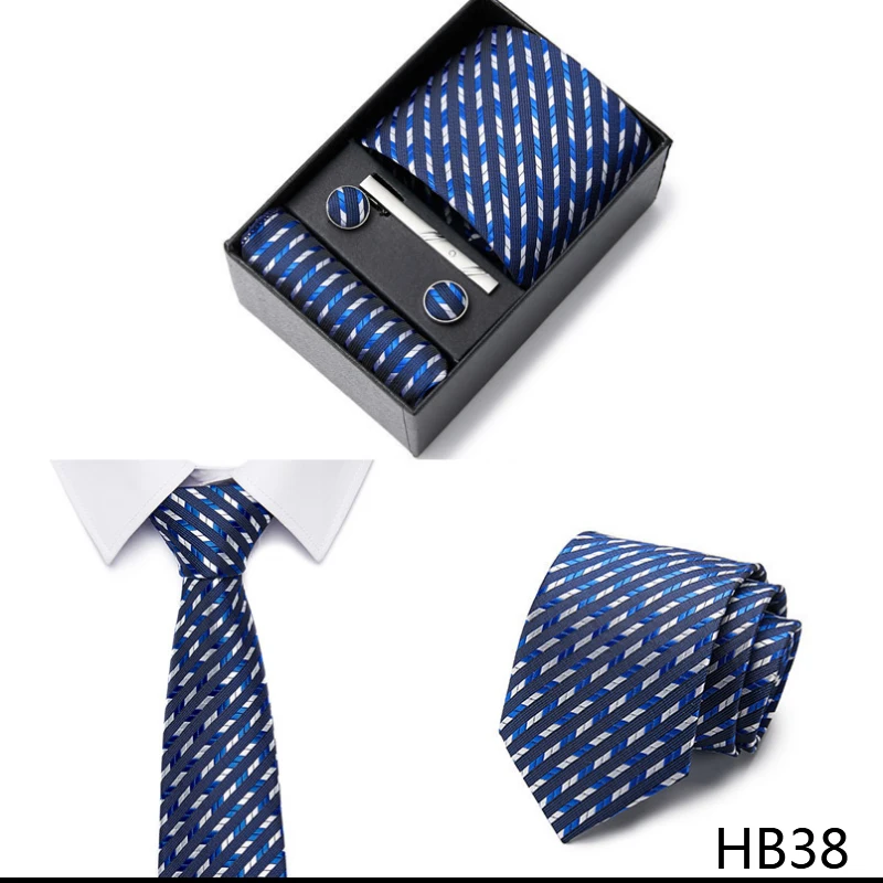 2023 neue Stil Hochzeit Geschenk Krawatte Für Männer Krawatte Box Anzug Zubehör Solide Blaue Krawatte Einstecktücher Manschettenknopf Set – Detail 6