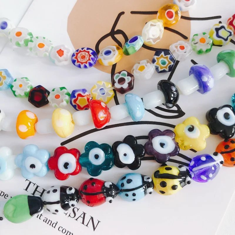 Mixed Color Plum Blossom Geometric Round Flat Beads Colorful Mushroom Ladybug Handmade Beaded Pendant