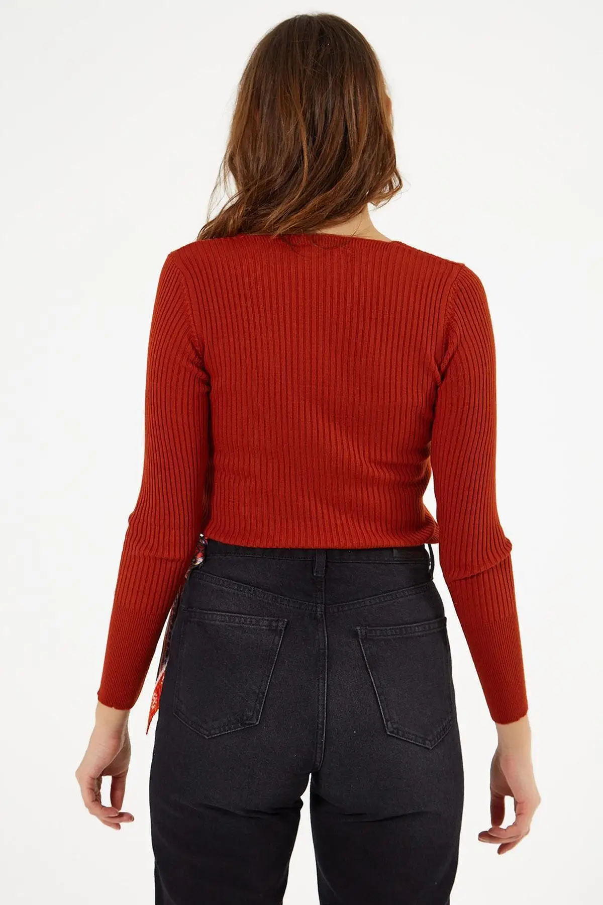 Women Gril Square Collar Ribbed Slim Sweater