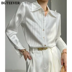 BGTEEVER Stylish Loose Women Striped Shirts 2022 Spring Long Sleeve Single-breasted Female Satin Blouses Ladies Tops