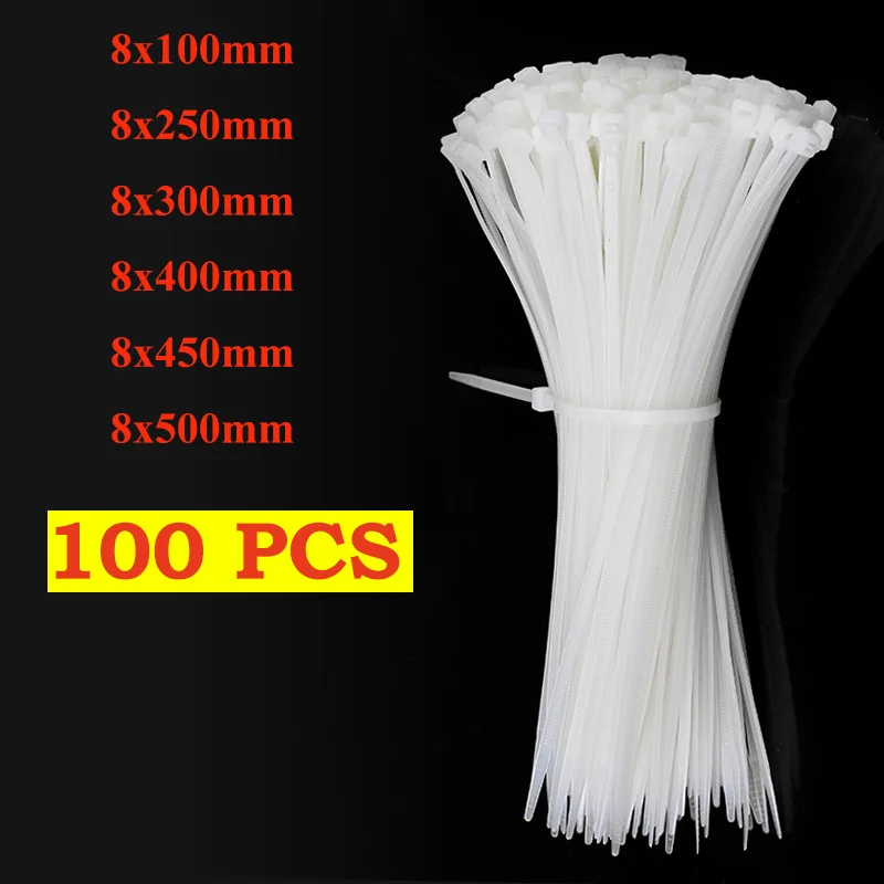 100 PCS Self-locking  nylon cable tie  white plastic tie fastening ring cable zip wraps strap nylon cable tie 8x500mm