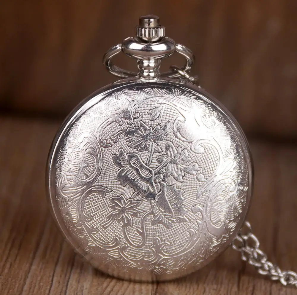 Retro Hollow Silver Color Flowers Arabic Numerals Quartz Pocket Watch Chain Necklace Pendant Women Men Watches Fob Clock Gift