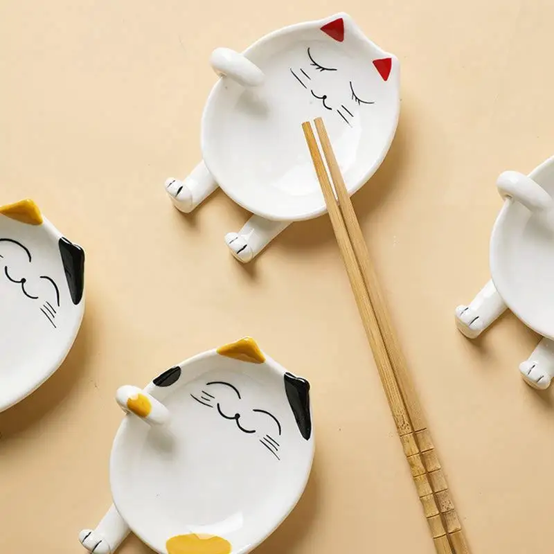 Cartoon Spoon Rest Cat Design Ceramic Spoon Holder Utensil Spatula Holder Heat Resistant Kitchen Storage Shelves Cooking Tools