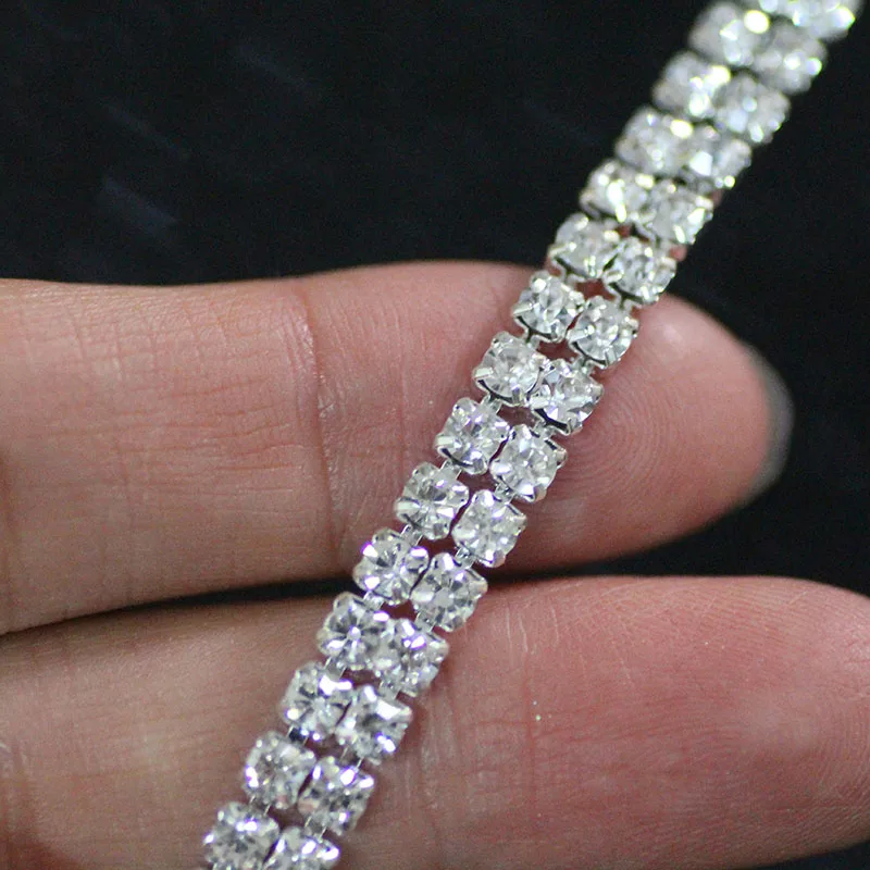 2 yards Crystal white 2 3 4 Rows Glass Rhinestone cup chain Sew on Rhinestone Trim for DIY Clothing Decoration