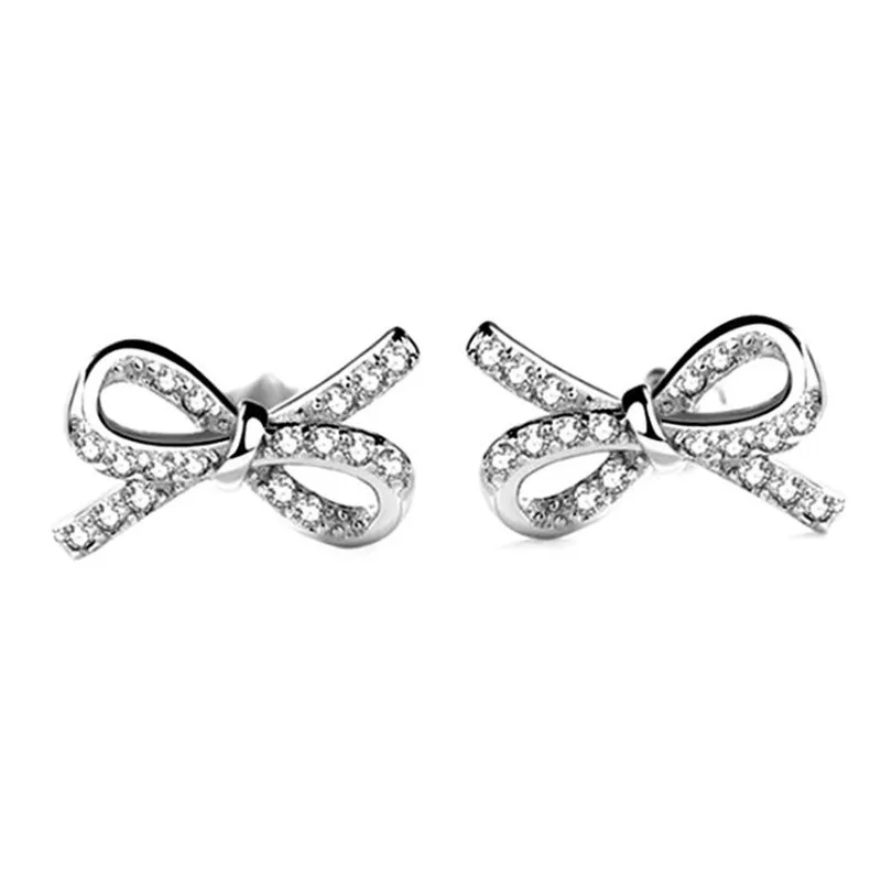 New Fashion Bright Temperament 925 Sterling Silver Jewelry Bow Bowknot Sweet Female Crystal Zircon Earrings  E213