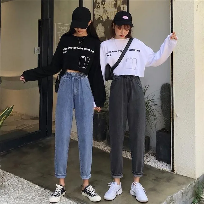 Straight Jeans Women Full Length High Elastic Waist Simple Pockets Students Casual Daily All-match Womens Trousers Chic Ulzzang