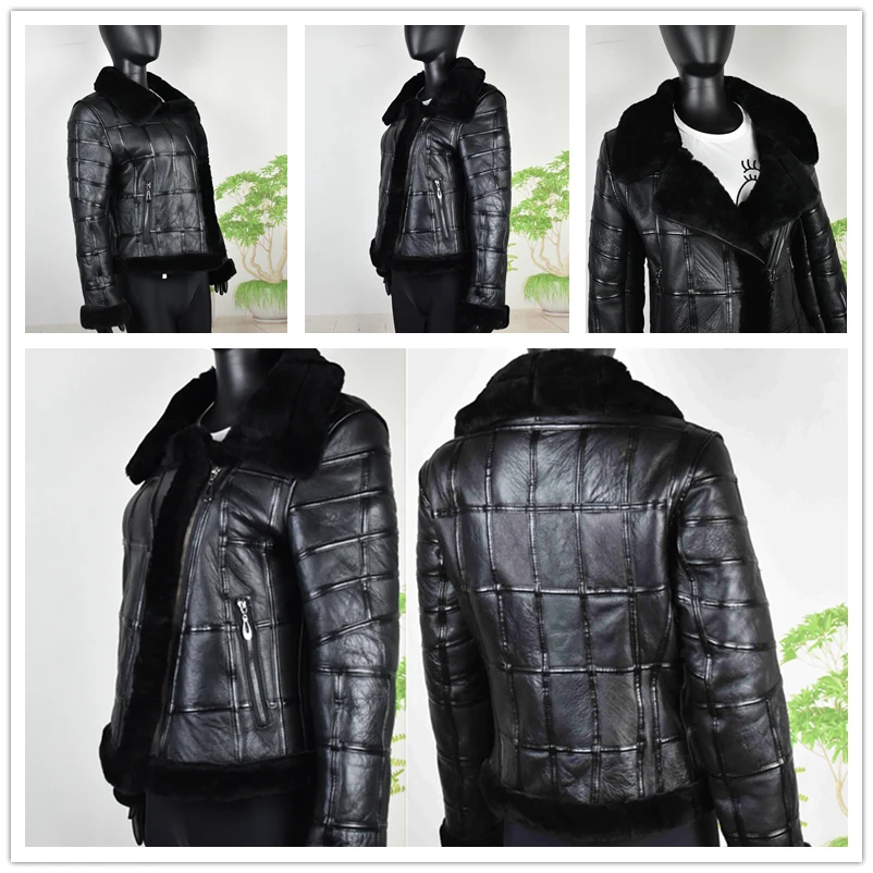 Real Sheep Skin Fur Splicing Autumn Winter Tops Warm Leather Coat Women Vest New Fashion Motorcycle Clothing Sheepskin Crop top