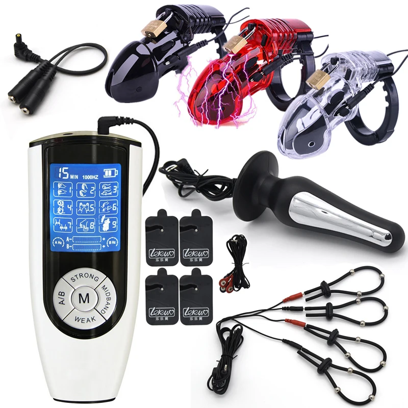 BDSM Strong Host,Electric Shock CB6000 Cock Cage Ball Stretcher Estim Penis Ring Anal Plug Massage Pad Male Chastity Sex Toy Kit