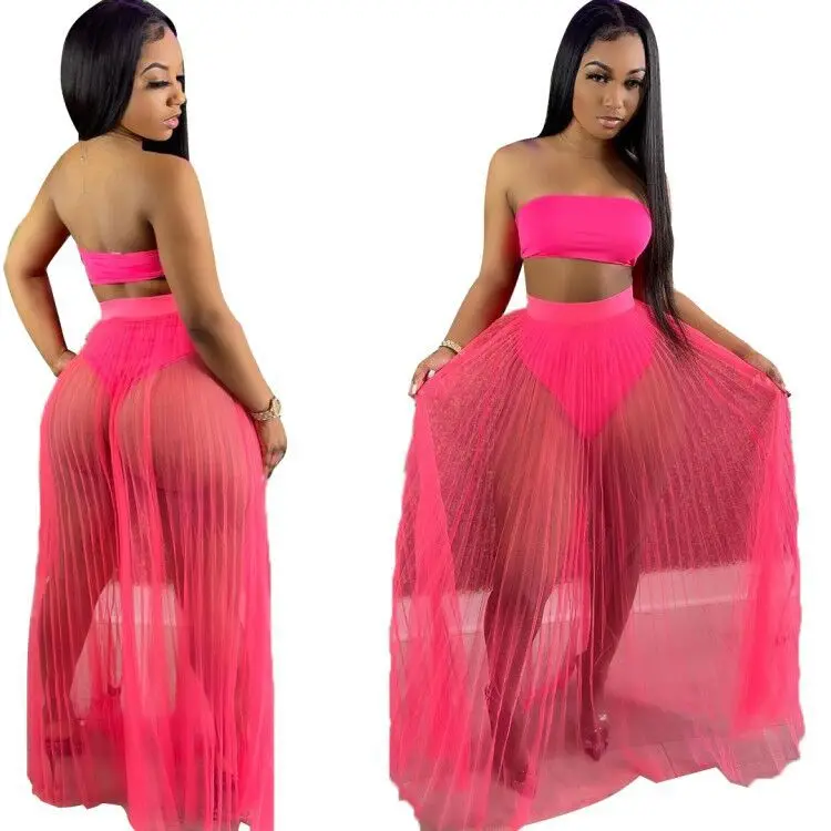 Sexy See Through 3 Piece Set Women Summer 2021 Beach wear Tube Crop Top + Pleated Long Skirts Club Party Two Piece Set Outfits