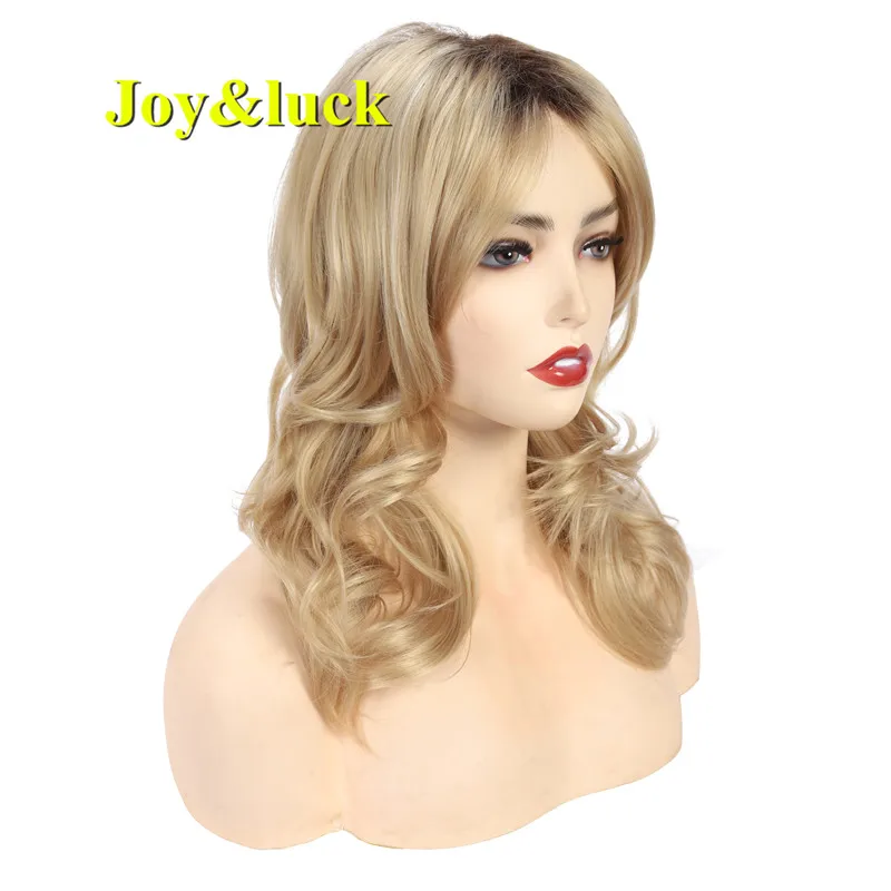 Joy&luck Medium Length Blonde Wave Wig Synthetic Wigs for Women Ombre Brown Wigs Blond Hair Full Wig With Bangs Daily Hair Wig