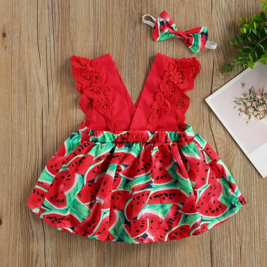 Baby Watermelon Print Bodysuits Girls Sleeveless Deep V-neck Short Jumpsuit Bow-knot Headband Summer Girls Rompers