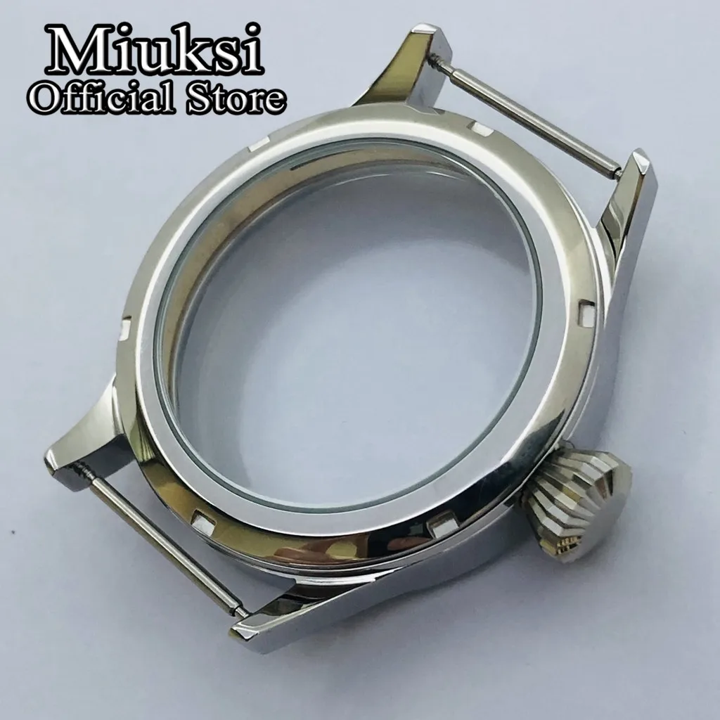 Muksi 43 مللي متر حافظة ساعة من الفولاذ المقاوم للصدأ مصقولة بالفضة زجاج الياقوت صالح ETA6497 6498 حركة سلسلة النورس ST3600 ST3620 ST36