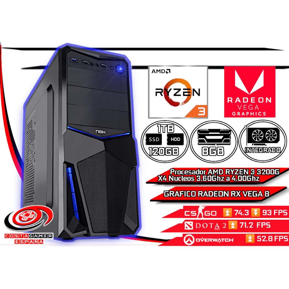 Computer Pc Gamer studio AMD Ryzen 3 3200G 8GB Ram DDR4 120GB SSD + 1TB HDD + WIFI + integrated graphic RX VEGA 8 + WIN10