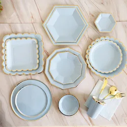 Gold Blue Party Disposable Tableware Paper Straw Cups Plates Napkins Baby Shower Favors Birthday Wedding Decor Party Supplies