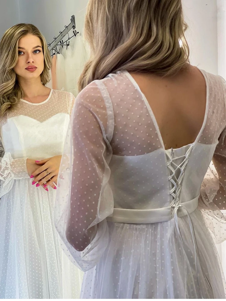 Prosta krótka suknia ślubna O-neck z długim rękawem suknia ślubna z koronką w górę z tyłu tiul i Organza urocze Custom Made Robe De Mariee