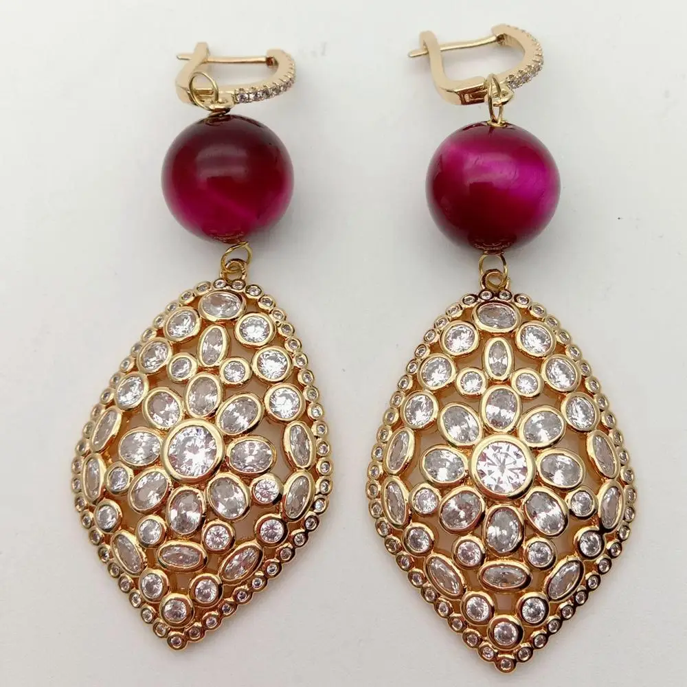 Fashion Designs Round Fuchsia 14mm Tiger Eye Cz pave Gold color Plated Leverback Earrings Cubic Zirconia  Drop dangle Earrings