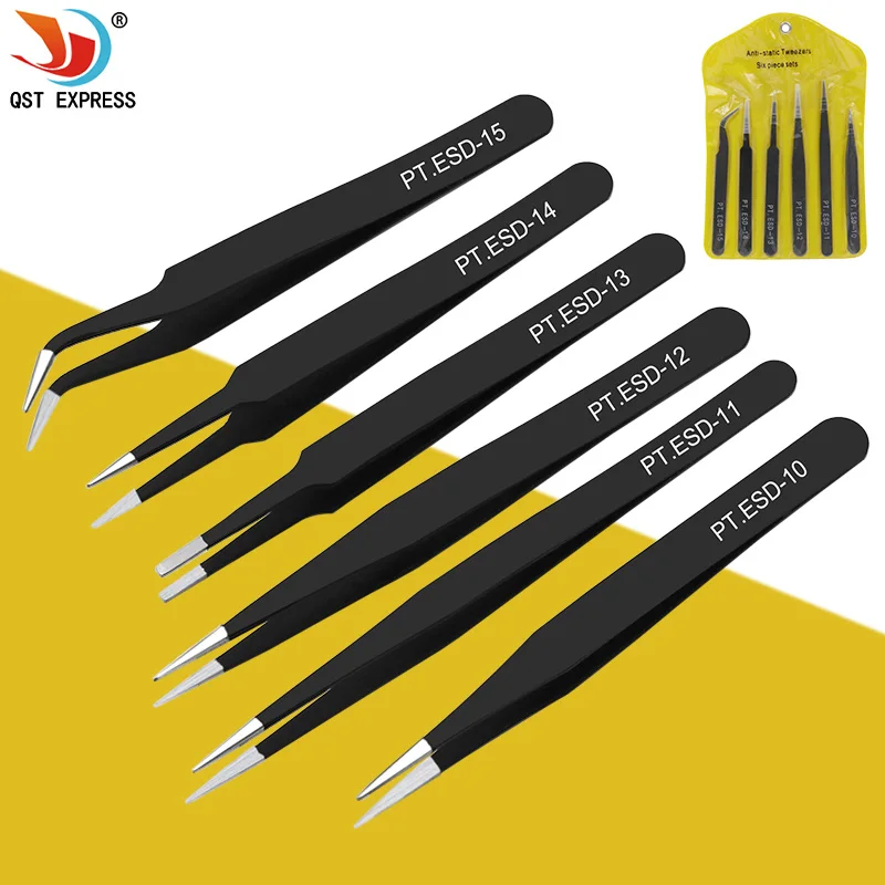 6pcs anti-static stainless steel tweezers set repair repair tool set anti-static hand tool set for model making