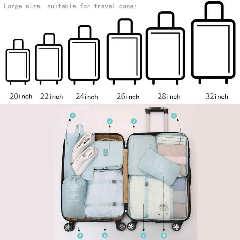 New 8Pcs/set Pink Travel Storage bags For Traveling Accessories Travel Organizer Cosmetic Luggage Large Suitcase Travel Set Kit