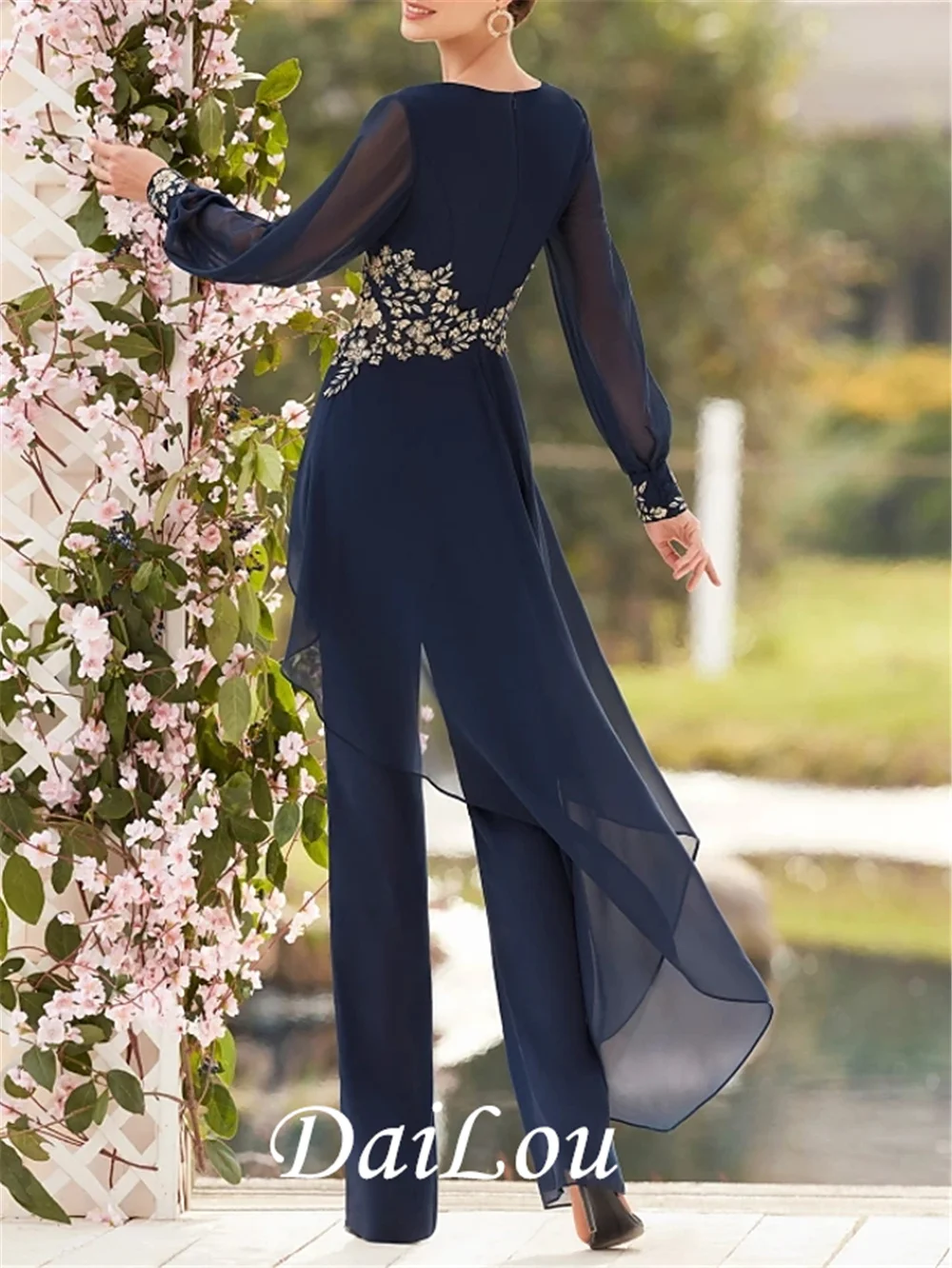 Broekpak/Jumpsuit Moeder Van De Bruid Jurk Elegante V-hals Floor Lengte Chiffon Lace Lange Mouwen Met Applicaties 2022