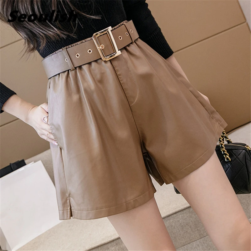 

Seoulish 2021 New Autumn Winter PU Leather Women's Shorts With Belted Stylish OL High Waist Pockets Wide Legged Trousers Female