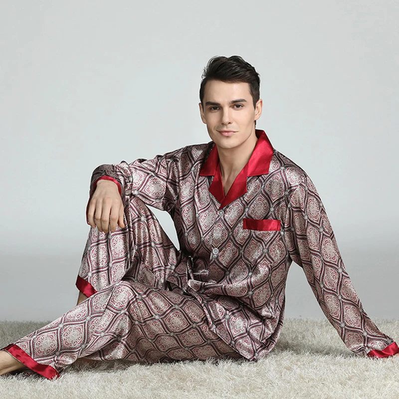 New Men's Satin Long Sleeve Long Pants Pajamas Sets Silk Night-suit Twp Pieces Printing Pyjamas Novelty Clothes Pajamas