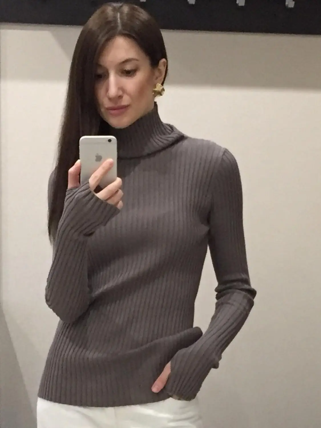 Ribbed Turtleneck Sweater Women Cotton High Neck Jumper Pullover Knitted Tops With Thumb Hole