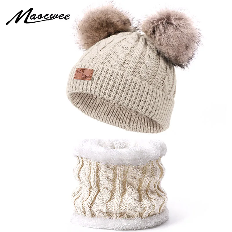 Kinderen Muts En Sjaal Set Winter Effen Skullies Mutsen Met Dubbele Faux Fur Pompom Hoge Kwaliteit Gebreide Hoed Ring Sjaal cap Set